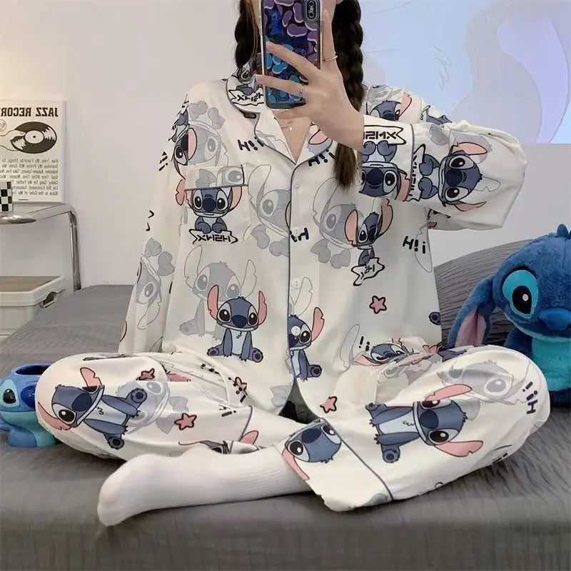 Anime Lilo Stitch Pajamas Ins Loose Cardigan Long-sleeved Home Clothes Set Comfortable Pajamas Boys Girls Couples