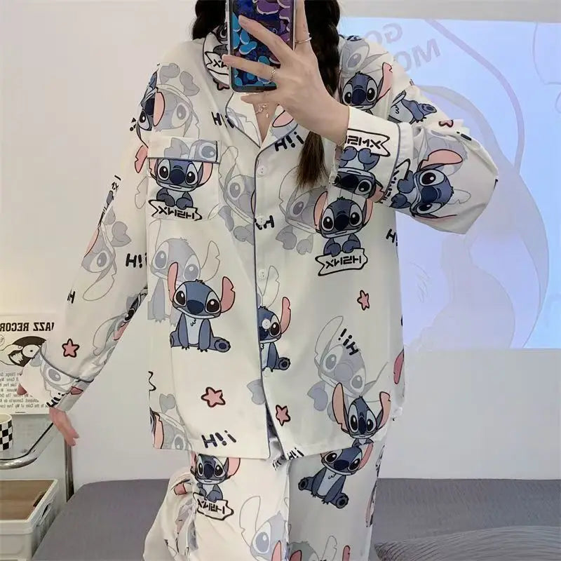 Anime Lilo Stitch Pajamas Ins Loose Cardigan Long-sleeved Home Clothes Set Comfortable Pajamas Boys Girls Couples