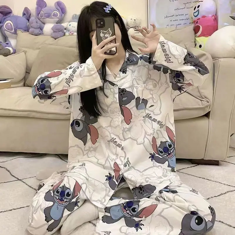 Anime Lilo Stitch Pajamas Ins Loose Cardigan Long-sleeved Home Clothes Set Comfortable Pajamas Boys Girls Couples