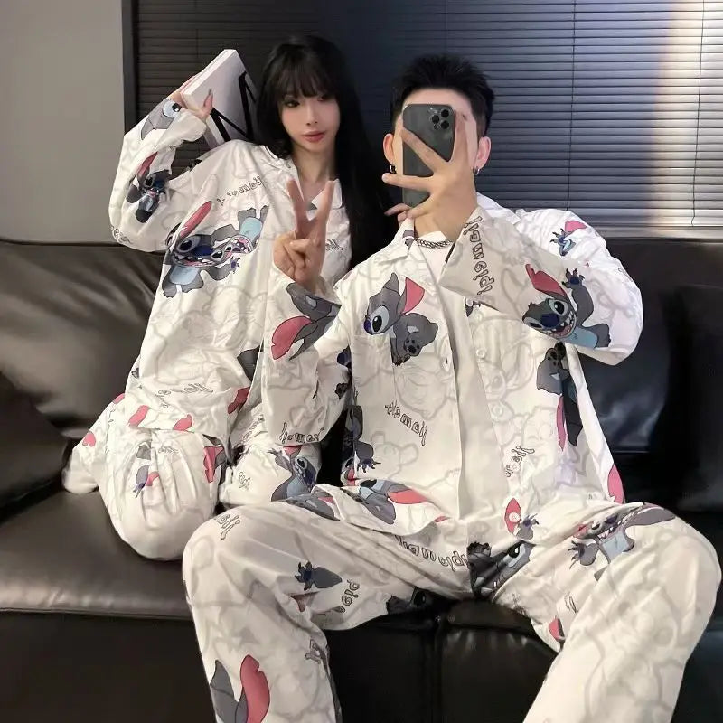 Anime Lilo Stitch Pajamas Ins Loose Cardigan Long-sleeved Home Clothes Set Comfortable Pajamas Boys Girls Couples